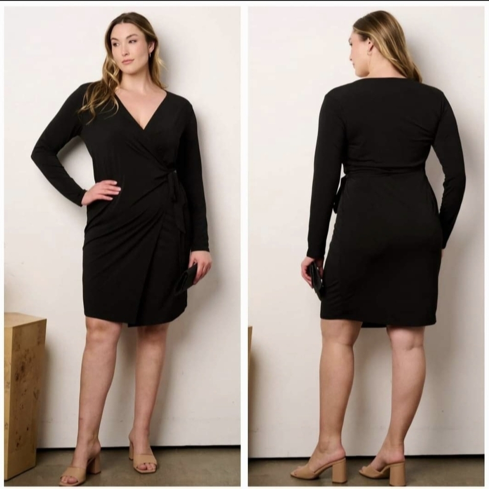 Janette Plus Elegant Wrap Dress‎ Knee Length Longsleeve Black Plus Size 1x,2x,3x